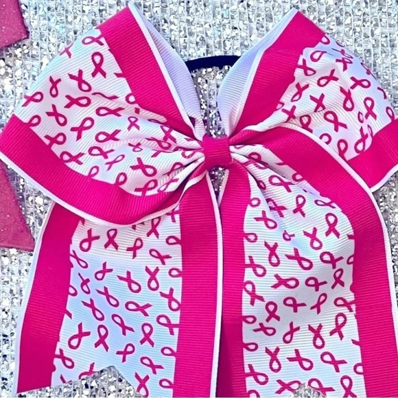 Cheer Bows Breast Cancer Awareness Pink White 2 Hair Bows Glitter‎ Sparkle - Picture 4 of 5